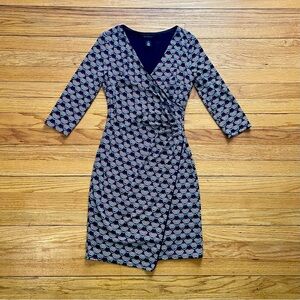 White House Black Market - Geometric 3/4 Sleeve Wrap Front Ruched Dress